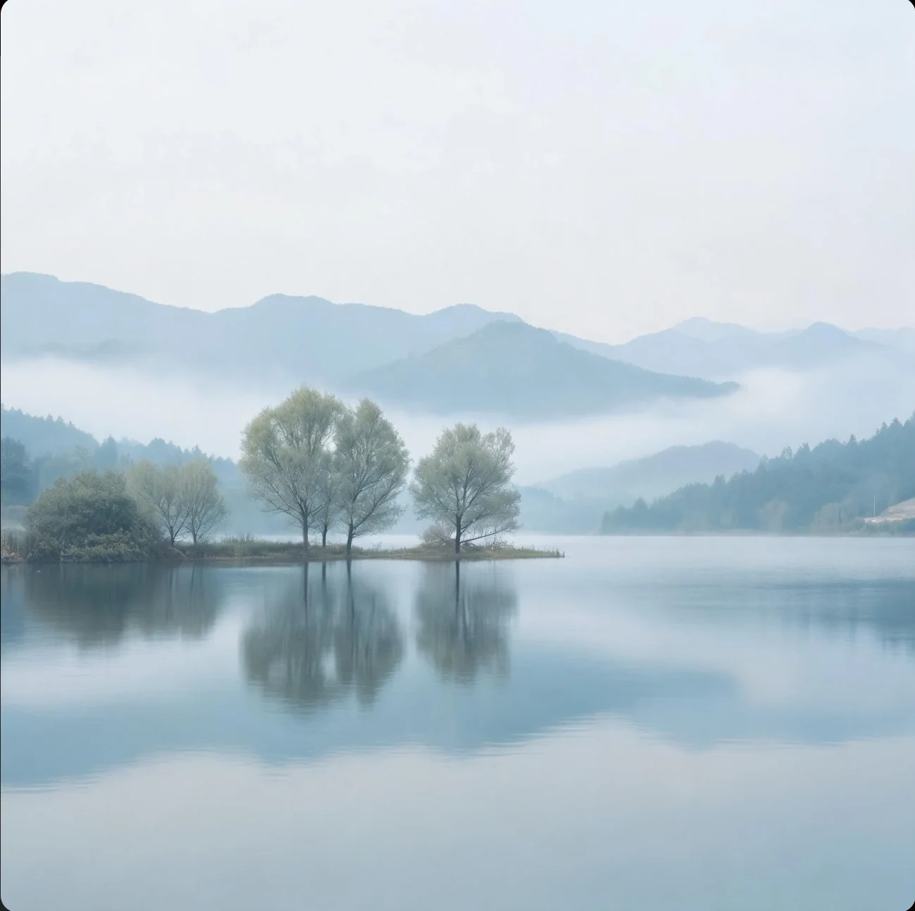 薄雾笼罩山间湖面,岸边几株树木与层叠远山一起映在水中。