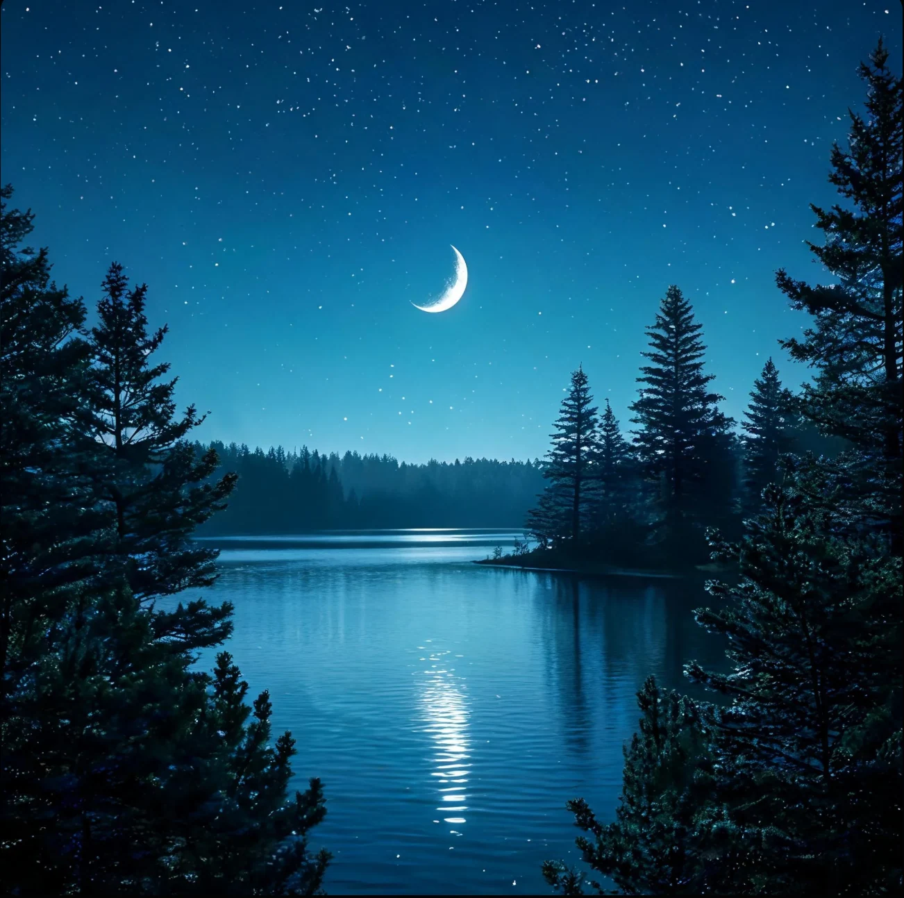 弯月和星点悬在湖面上方,两岸针叶树林围出水面与一条月光倒影。