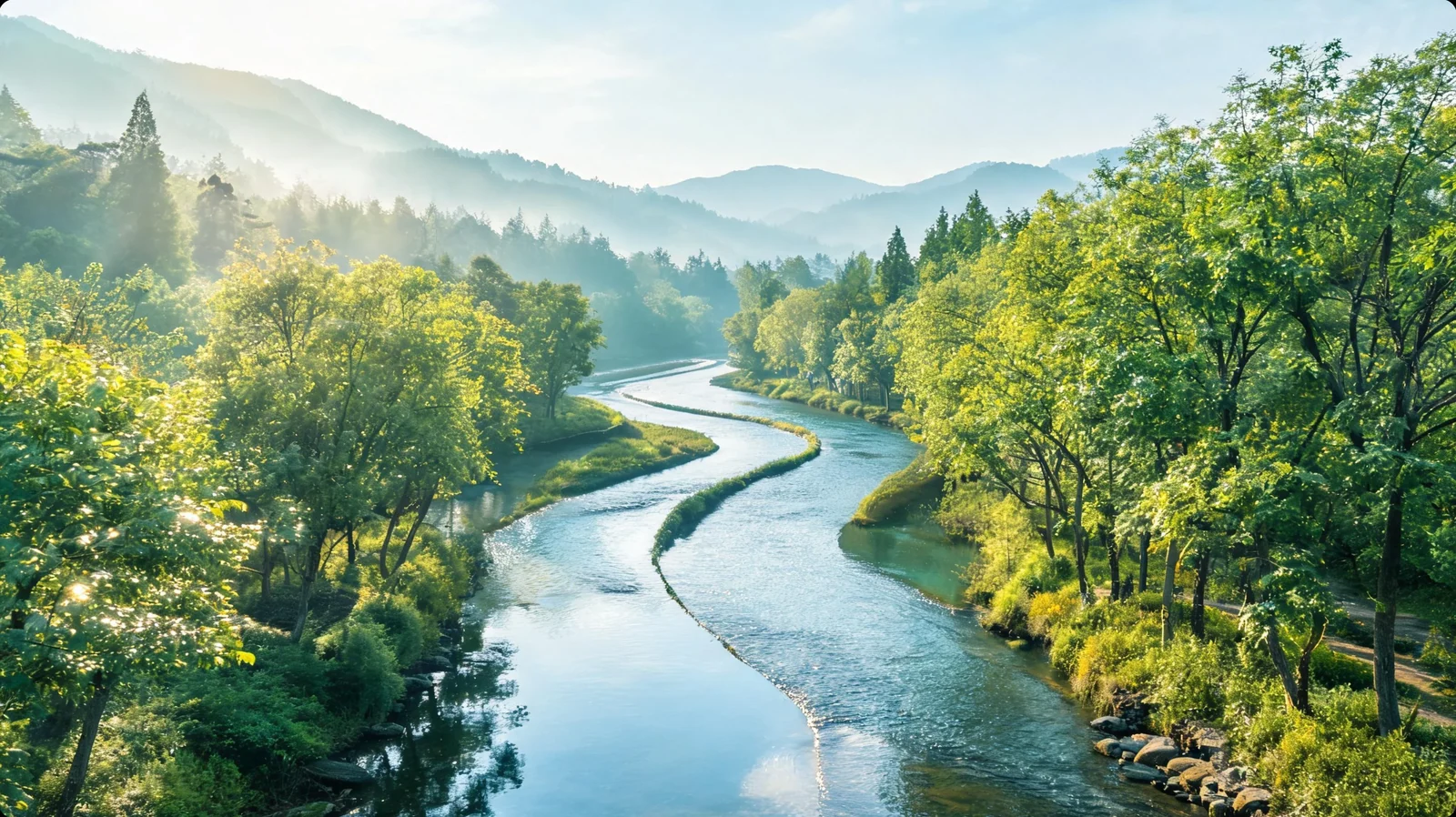 河道在林木间连续转弯向远山延伸,两岸草地沿水面形成弯曲边缘。