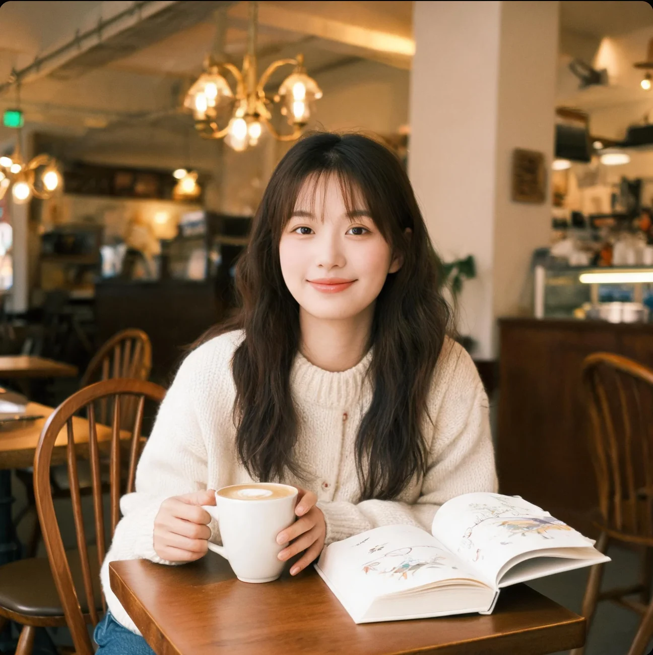 一名长发人物坐在咖啡馆桌前，双手握着杯子，桌上摊开一本书。