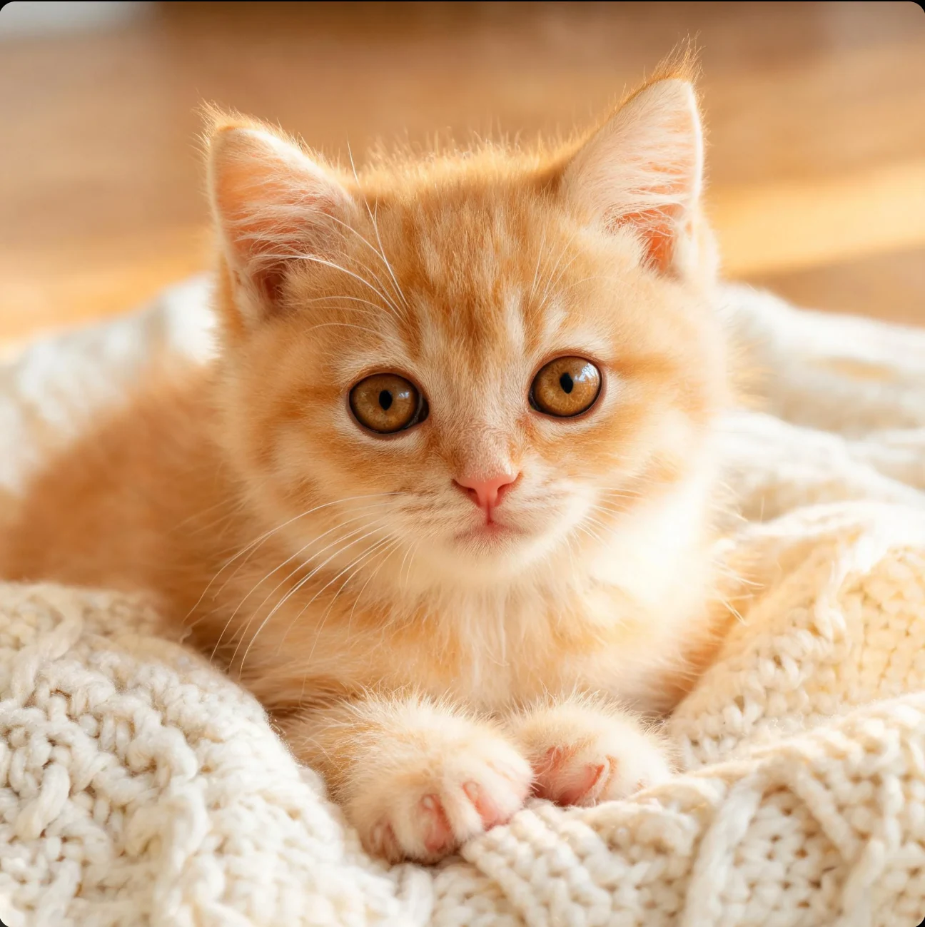 一只橘色小猫伏在浅色针织毯上，头部与两只前爪清楚可见，后方地面虚化。