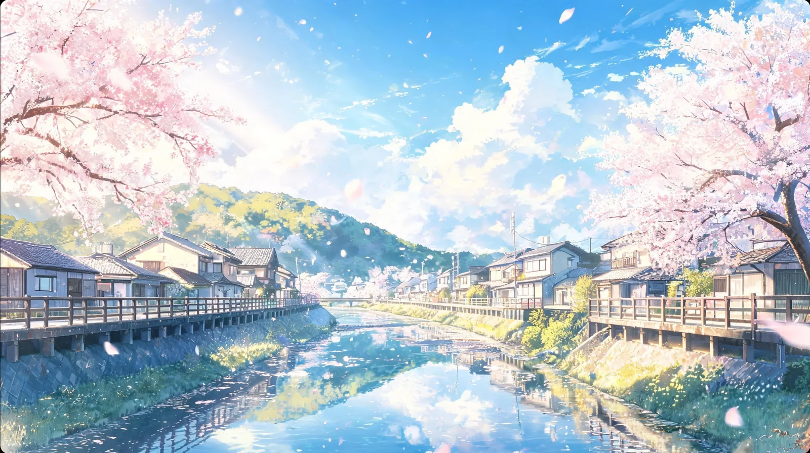 樱花盛开的河道穿过两岸民居,花瓣飘落,蓝天白云与屋舍映在水面。
