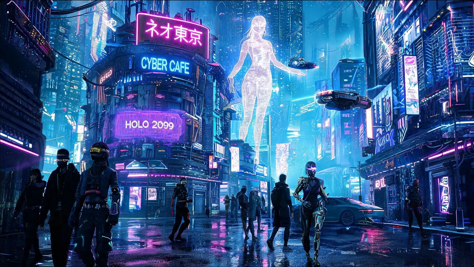行人与机器人穿过霓虹街区,空中悬着全息人像和飞车,路面映出蓝紫灯光。