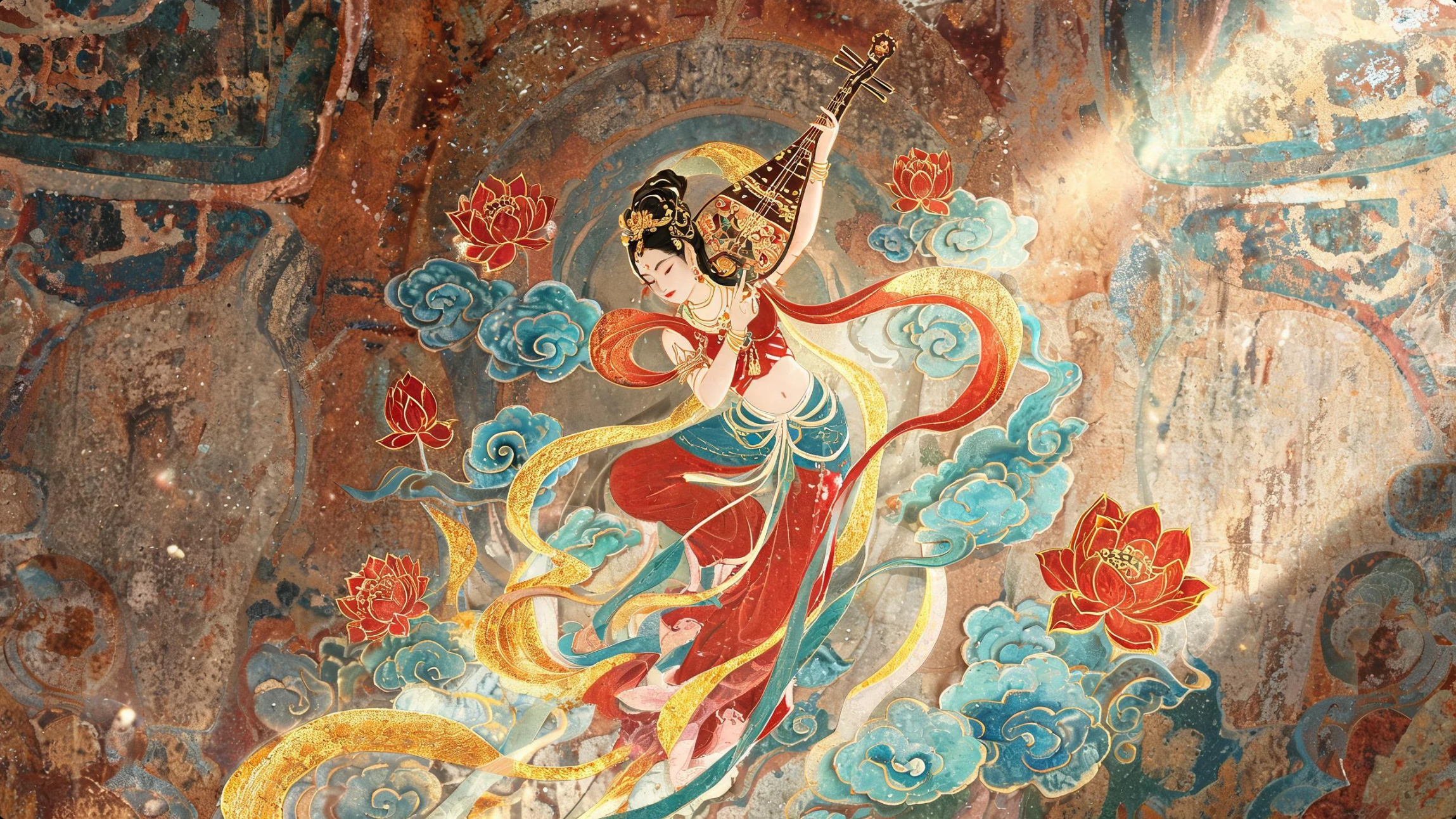 敦煌风飞天反弹琵琶,红莲与青色祥云环绕,金色飘带掠过斑驳壁画。